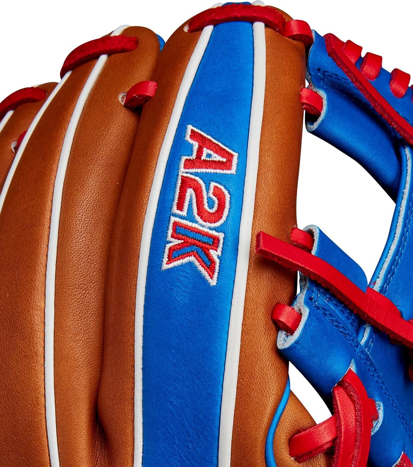 Wilson A2K 2027 Baseball Glove — saddle tan with royal blue and red accents